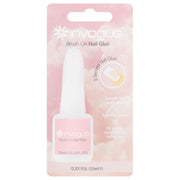 A package of Invogue False Nails - Brush On Nail Glue by Invogue is shown. The package claims a fast application time of three seconds, an easy brush-on method similar to nail polish, and suitability for natural nails, false nails, and tips. The bottle contains 10ml (0.33 Fl. Oz) of product with a Rapid Bond Formula.